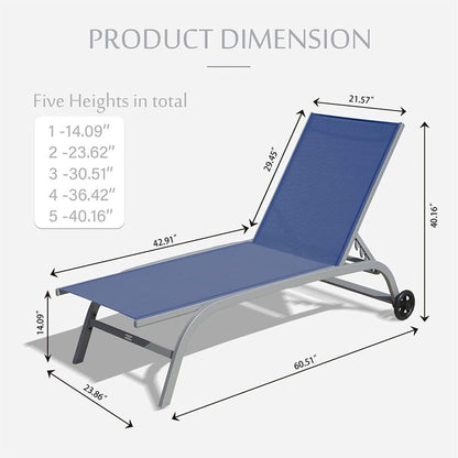 Chaise Lounge Outdoor Set of 2, Lounge Chairs for Outside with Wheels, Outdoor Lounge Chairs with 5 Adjustable Position, Pool Lounge Chairs for Patio, Beach, Yard, Deck, Poolside (Blue, 2 Lounge Chair)