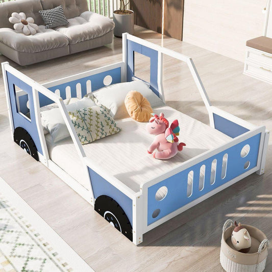 Full Size Classic Car-Shaped Platform Bed with Wheels, Blue