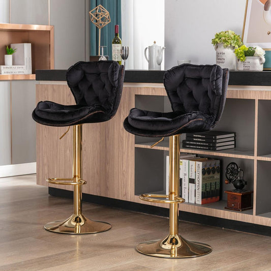Set of 2 Bar Stools, with Chrome Footrest and Base Swivel Height Adjustable Mechanical Lifting Velvet + Golden Leg Simple Bar Stool-black