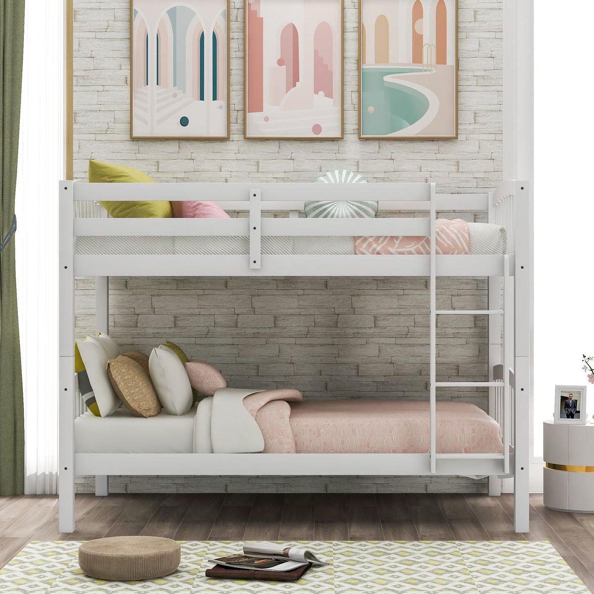 Twin Over Twin Bunk Bed with Ladder, White - Streamdale Furniture