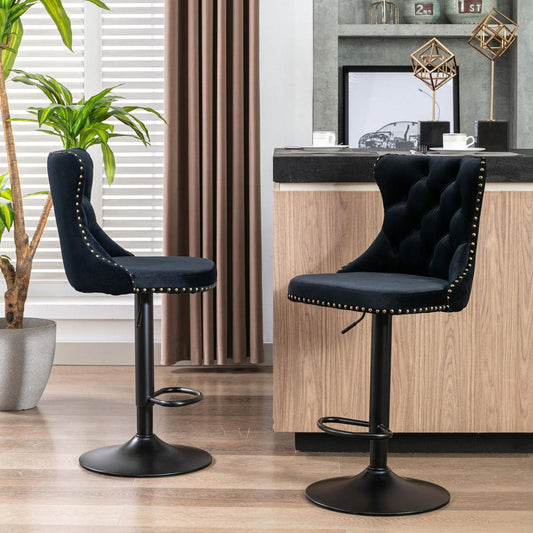 Swivel Velvet Barstools Adjusatble Seat Height from 25-33 Inch, Modern Upholstered Bar Stools with Backs Comfortable Tufted for Home Pub and Kitchen Island (Black, Set of 2) - Streamdale Furniture