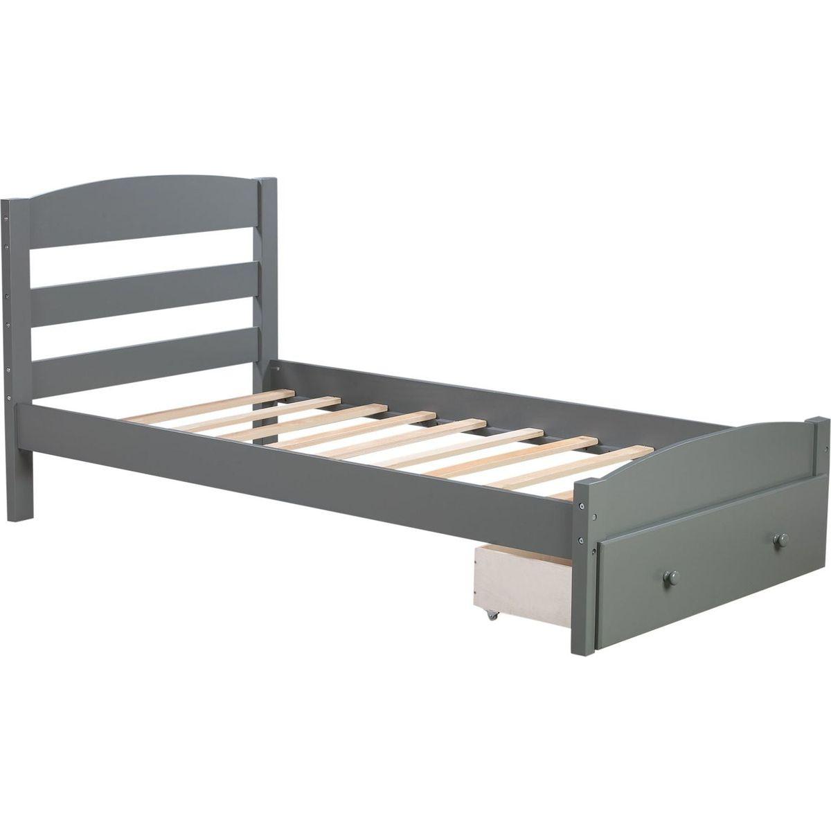 Platform Twin Bed Frame with Storage Drawer and Wood Slat Support No Box Spring Needed, Gray