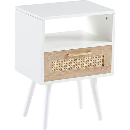 15.75" Rattan End table with drawer and solid wood legs, Modern nightstand, side table for living roon, bedroom, white