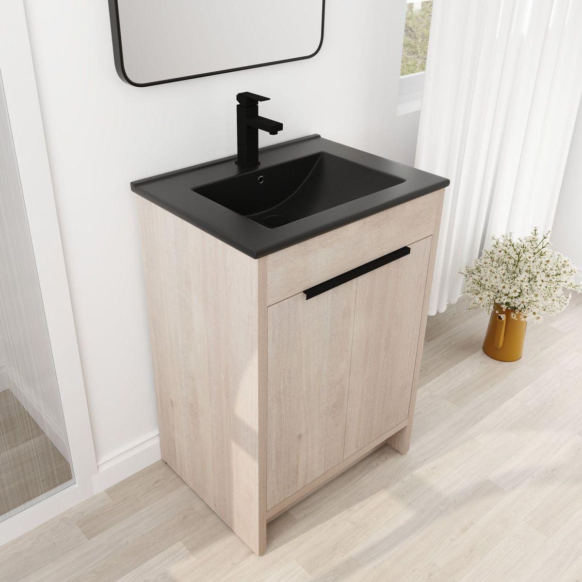 24 Inch Freestanding Bathroom Vanity with Black Ceramic Sink & 2 Soft-Close Cabinet Doors (BLO-G-BL9060BK),W1286S