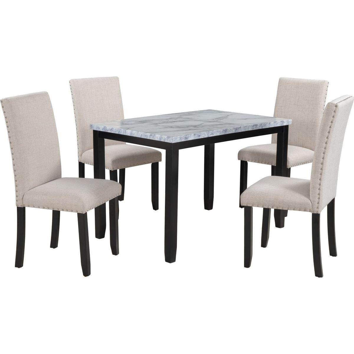 Faux Marble 5-Piece Dining Set Table with 4 Thicken Cushion Dining Chairs Home Furniture, White/Beige+Black