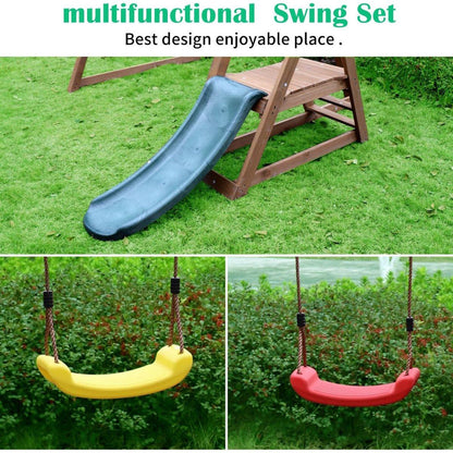 Wood Swing Set for Backyard, 2 in 1 Outdoor Swing Set with Slide, Climbing Rope Ladder Kids Backyard Playset