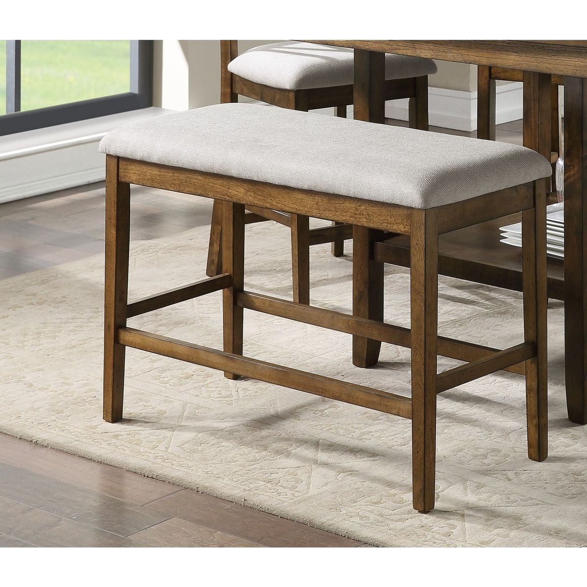 Wooden Frame Counter Height Bench Light Oak Finish Mindy Veneer Gray Textured Fabric Upholstery Dining Room Furniture