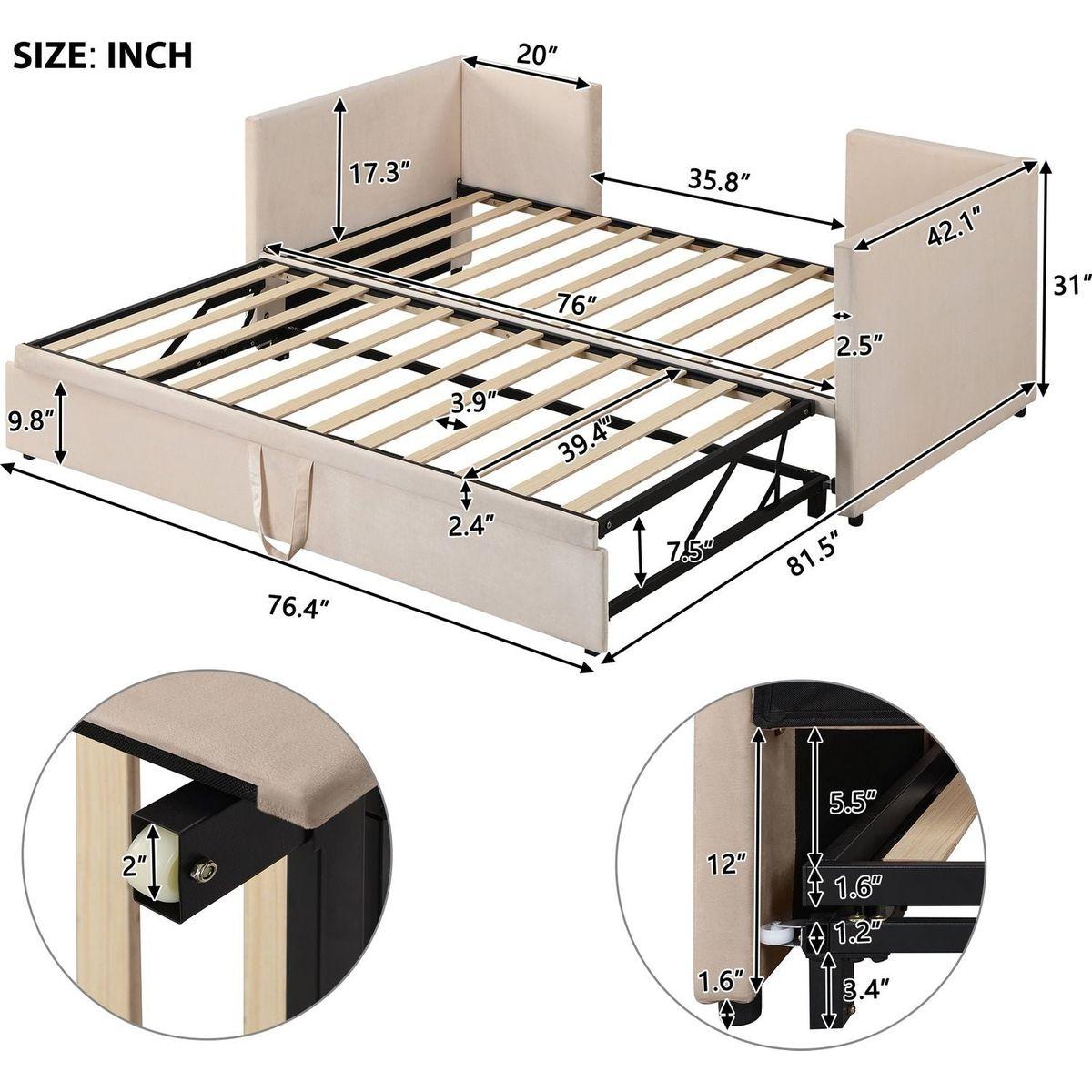 Twin Size Upholstered daybed with Extendable Trundle, Beige - Streamdale Furniture