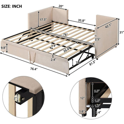 Twin Size Upholstered daybed with Extendable Trundle, Beige - Streamdale Furniture