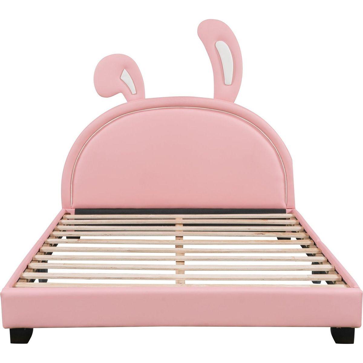 Full Size Upholstered Leather Platform Bed with Rabbit Ornament, Pink