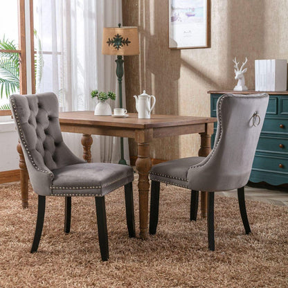 Nikki Collection Modern, High-end Tufted Solid Wood Contemporary Velvet Upholstered Dining Chair with Wood Legs Nailhead Trim 2-Pcs Set, Gray