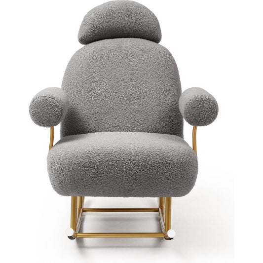 Modern Sherpa Fabric Nursery Rocking Chair, Accent Upholstered Rocker Glider Chair for Baby and Kids, Comfy Armchair with Gold Metal Frame, Leisure Sofa Chair for Nursery/Bedroom/Living Room/Office, Grey