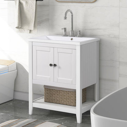 24" White Modern Sleek Bathroom Vanity Elegant Ceramic Sink with Solid Wood Frame Open Style Shelf