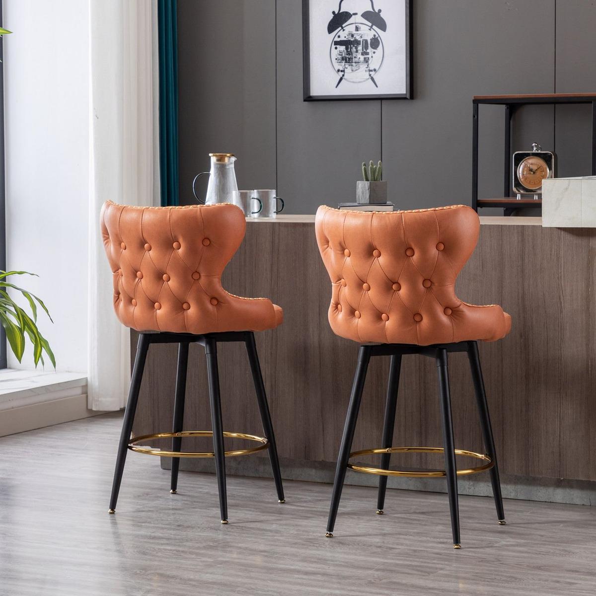 Counter Height 25" Modern Leathaire Fabric bar chairs, 180 degree Swivel Bar Stool Chair for Kitchen, Tufted Gold Nailhead Trim Bar Stools with Metal Legs, Set of 2 (Orange)