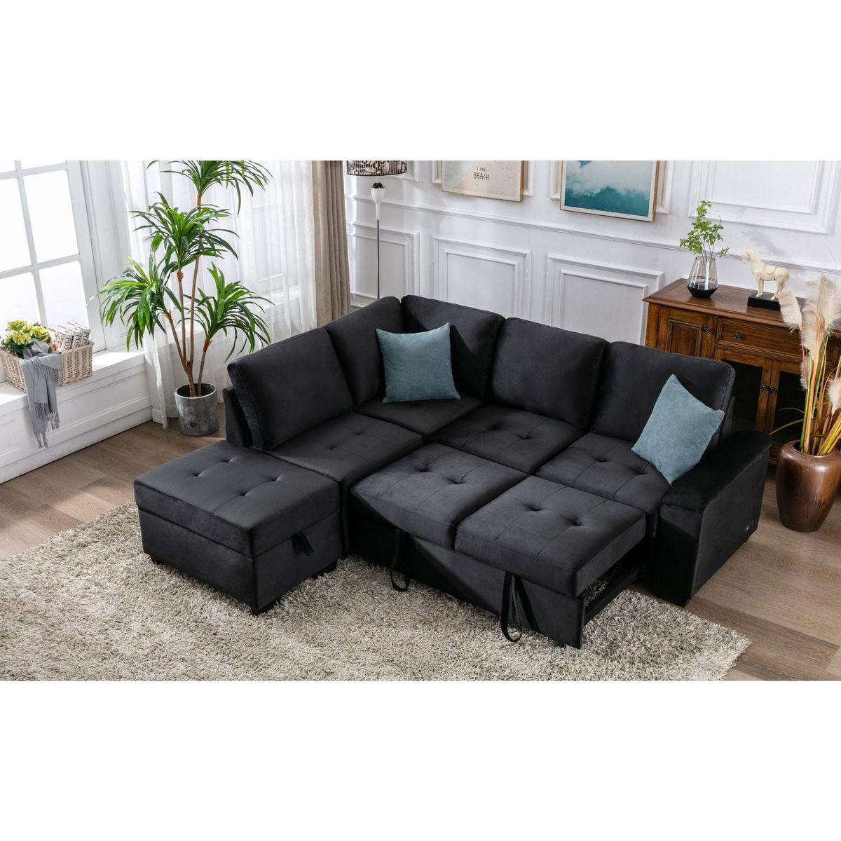 Sleeper Sectional Sofa, L-Shape Corner Couch Sofa-Bed with Storage Ottoman & Hidden Arm Storage & USB Charge for Living Room Apartment, Black