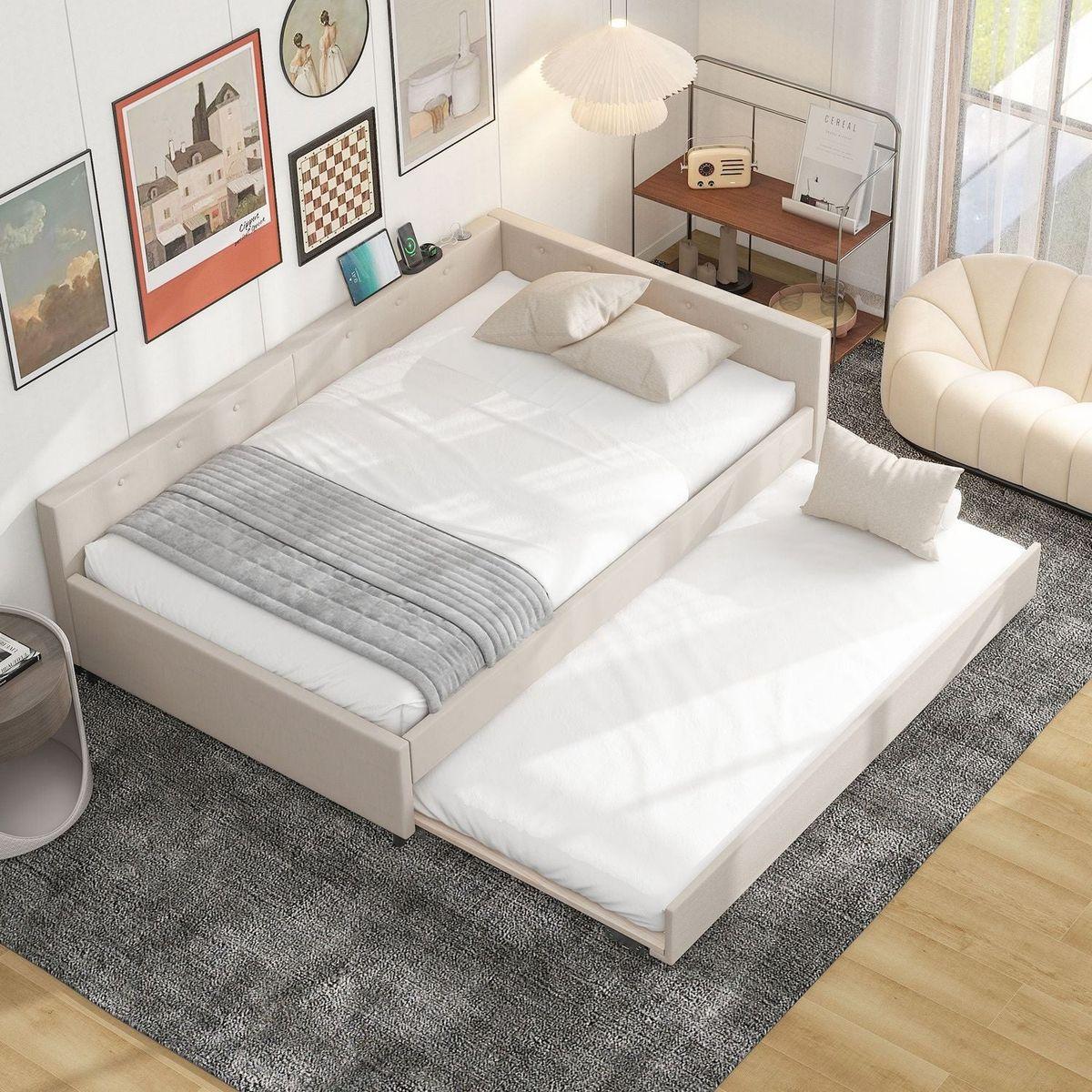 Full Size Upholstered Platform Bed with USB and Twin Size Trundle, Beige