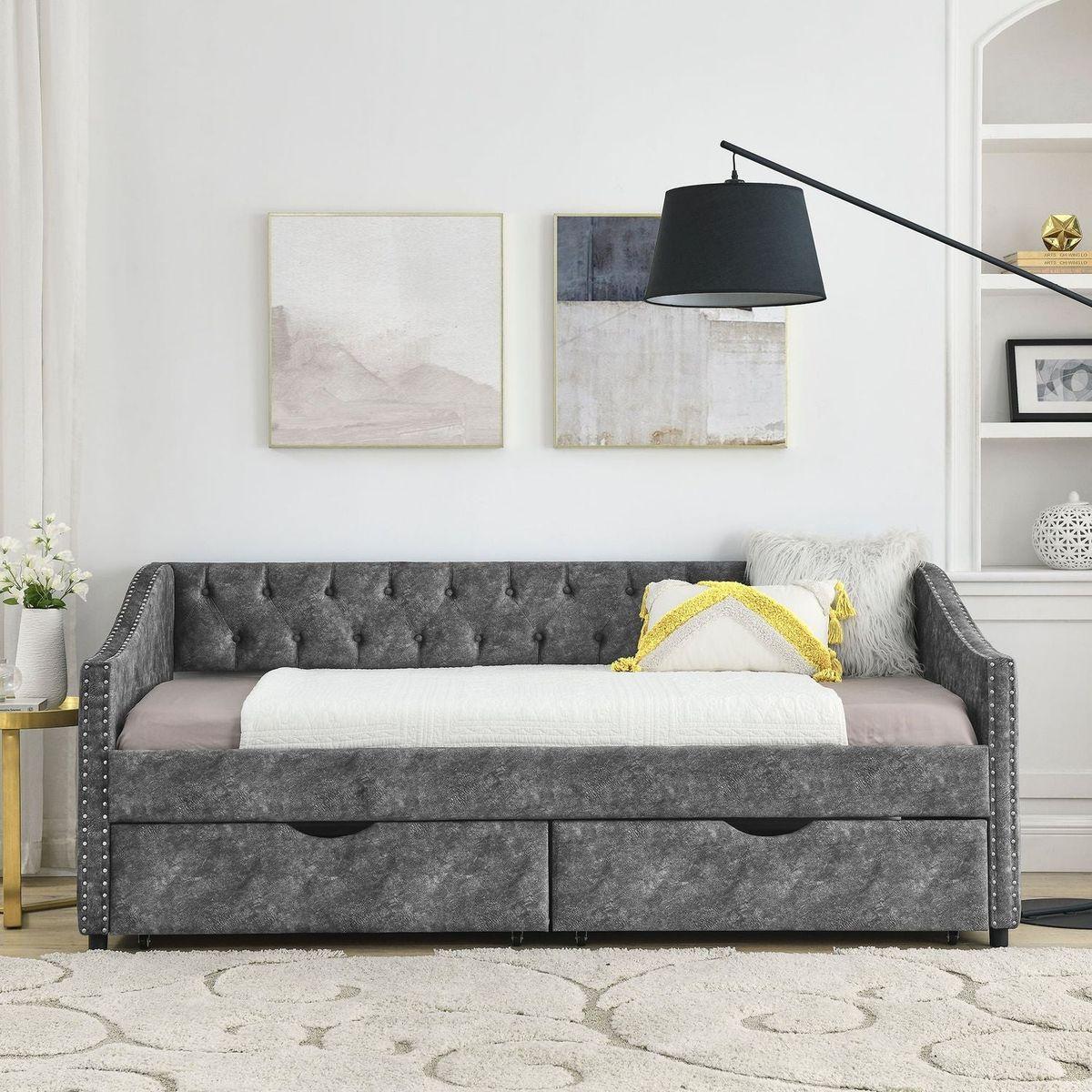Twin Size Daybed with Drawers Upholstered Tufted Sofa Bed, with Button on Back and Copper Nail on Waved Shape Armsrey1.5"41"30.5"