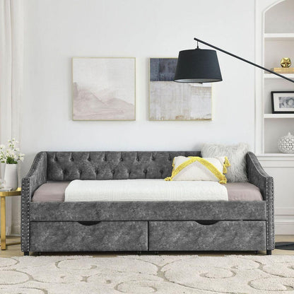 Twin Size Daybed with Drawers Upholstered Tufted Sofa Bed, with Button on Back and Copper Nail on Waved Shape Armsrey1.5"41"30.5"