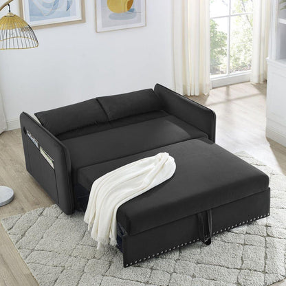 Pull-out sofa sleeper, 3-in-1 adjustable sleeper with pull-out bed, 2 lumbar pillows and side pocket, soft velvet convertible sleeper sofa bed, suitable for living room bedroom.