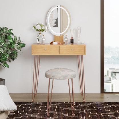 Dressing Table White Vanity Set with 3-Color Dimmable Lighted Mirror Makeup Desk with 2 Drawers and Yellow Padded Stool