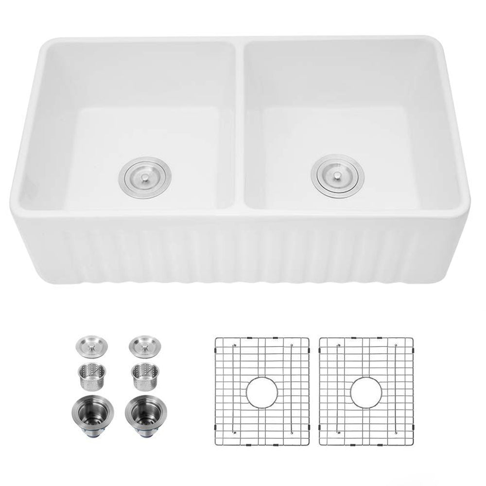 Ceramic White 33"18"x10" Kitchen Double Basin Farmhouse Sink Rectangular Vessel Sink