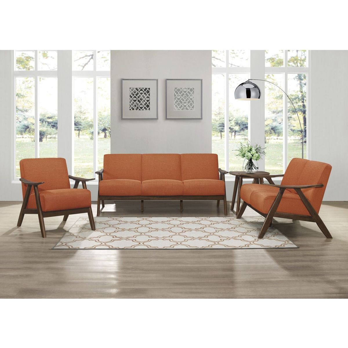 Modern Home Furniture Orange Color Fabric Upholstered 1pc Accent Chair Cushion Back and Seat Walnut Finish Solid Rubber Wood Furniture