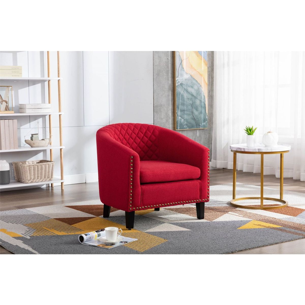 accent Barrel chair living room chair with nailheads and solid wood legs Red Linen