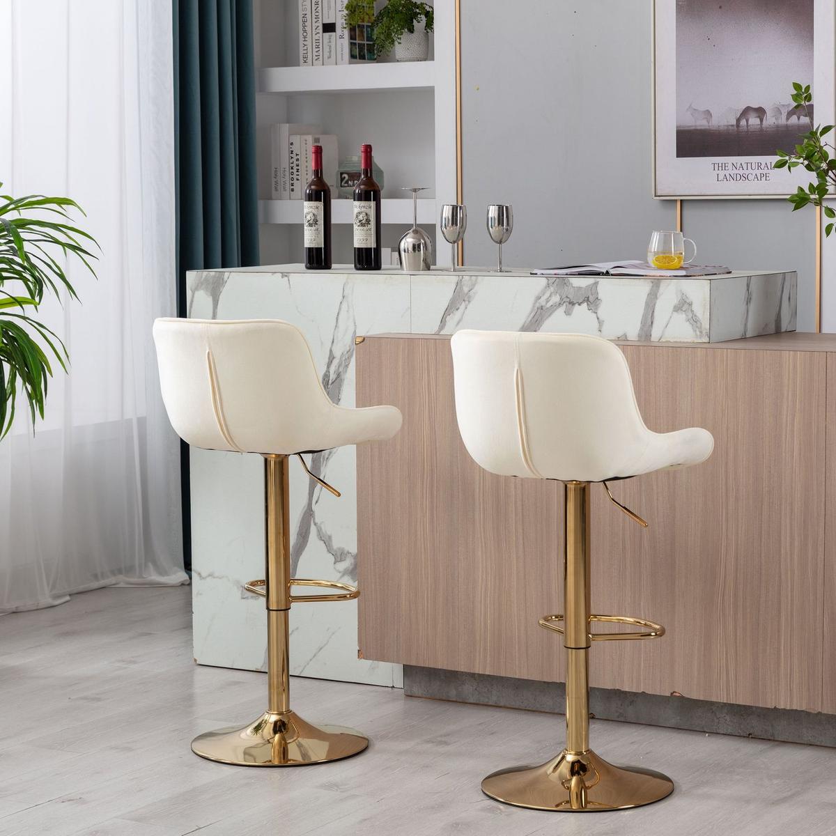 Chrome Footrest and Base Swivel Height Adjustable Mechanical Lifting Velvet + Golden Leg Simple Bar Stool, Set of 2, Ivory - Streamdale Furniture