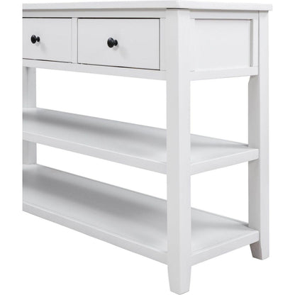 Retro Design Console Table with Two Open Shelves, Pine Solid Wood Frame and Legs for Living Room (Antique White)