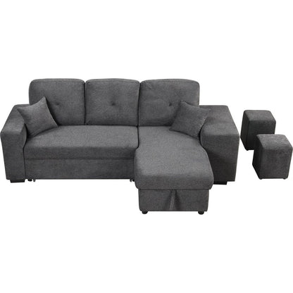 Reversible Sleeper Sectional Sofa Bed with Side Shelf and 2 Stools, Pull-Out L-Shaped Sofa Bed, Corner Sofa-Bed with Storage Chaise Left/Right Hande for Living Room, Blue Black