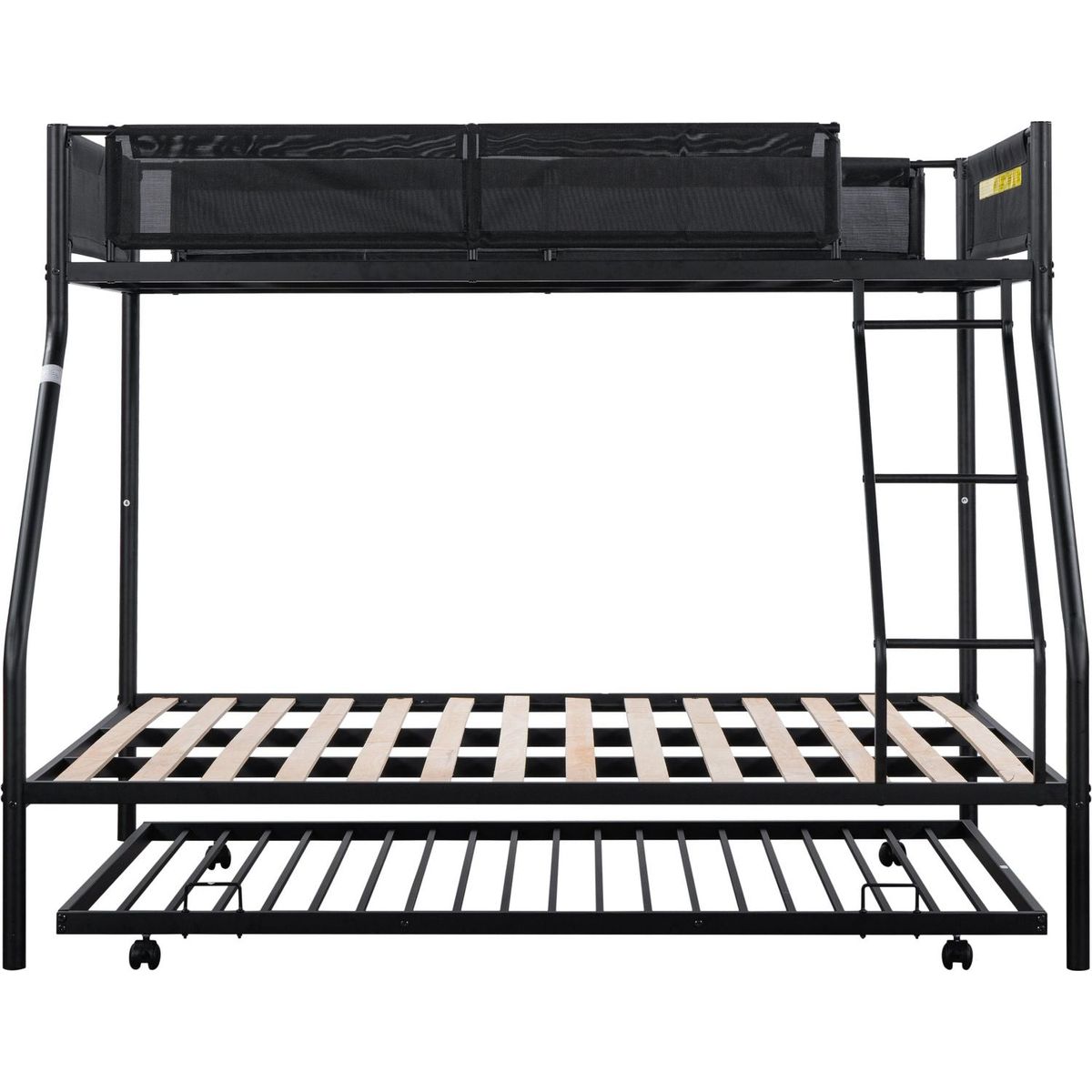 Twin over Full Metal Bunk Bed with Trundle (Wood Slat and Textilene Guardrail)