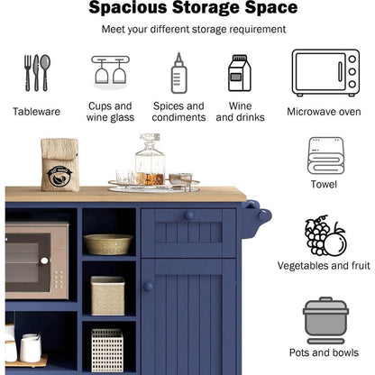 Kitchen Island Cart with Storage Cabinet and Two Locking Wheels,Solid wood desktop,Microwave cabinet,Floor Standing Buffet Server Sideboard for Kitchen Room,Dining Room,, Bathroom(Dark blue)