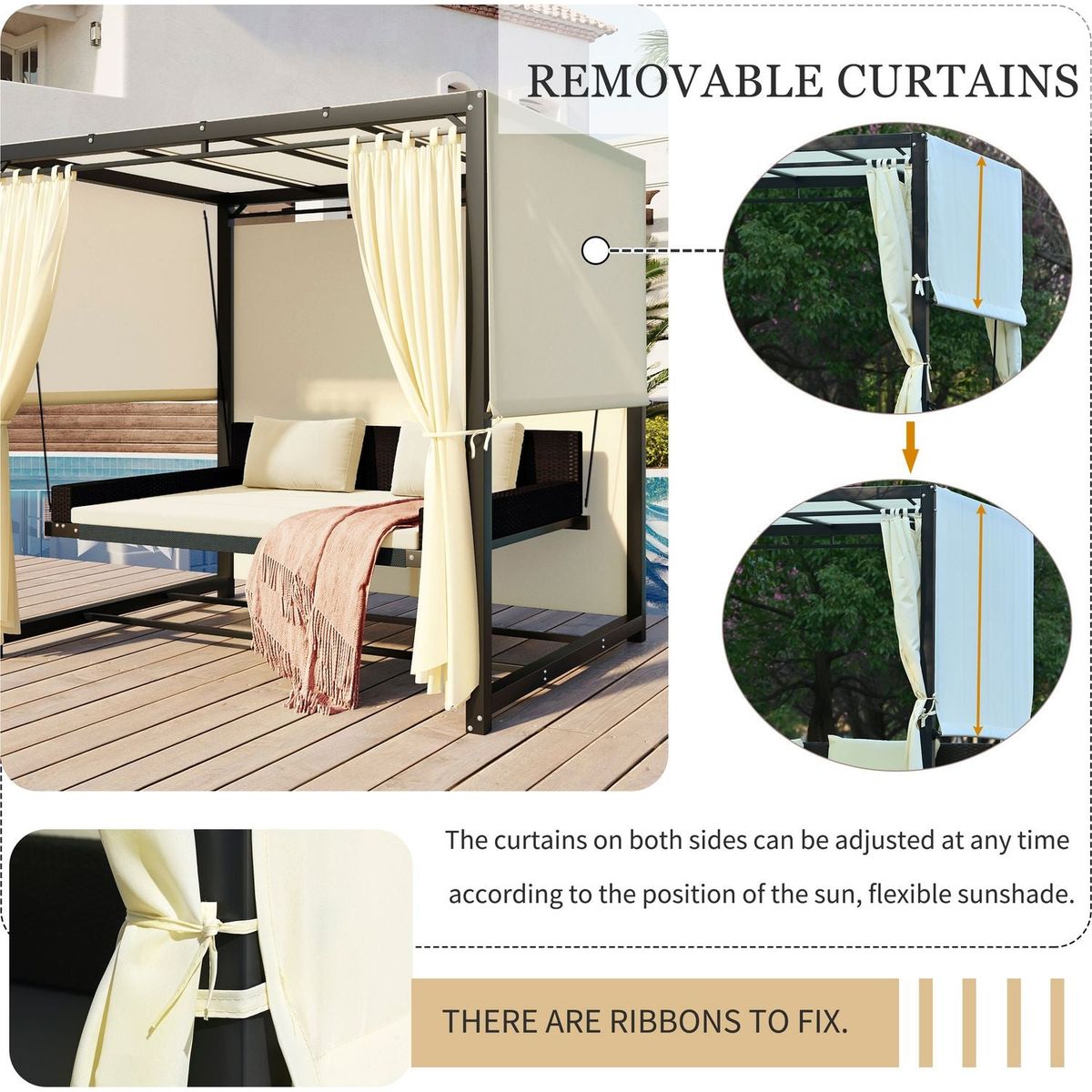 2-3 People Outdoor Swing Bed, Adjustable Curtains, Suitable For Balconies, Gardens And Other Places