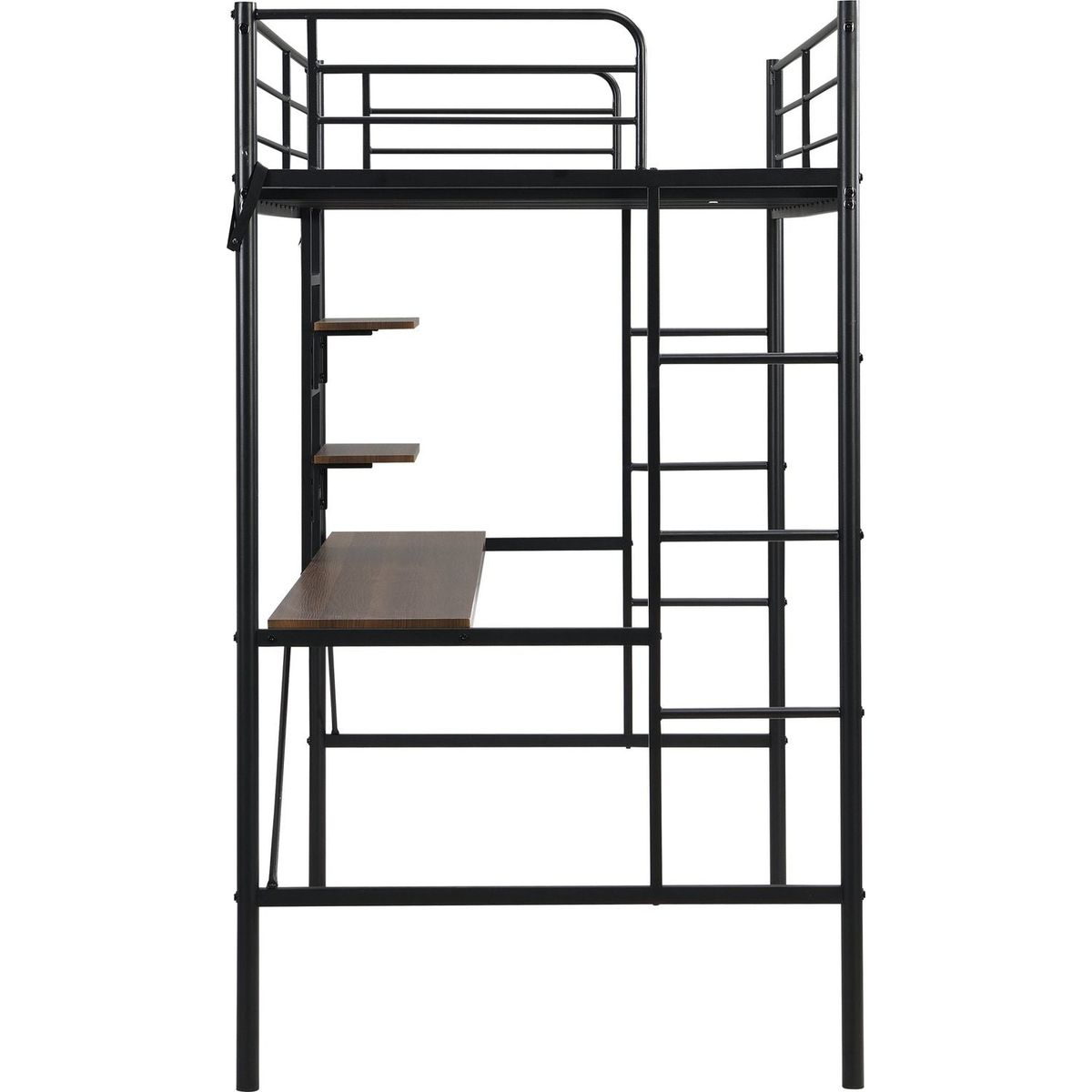 Metal twin loft bed with desk and storage shelves