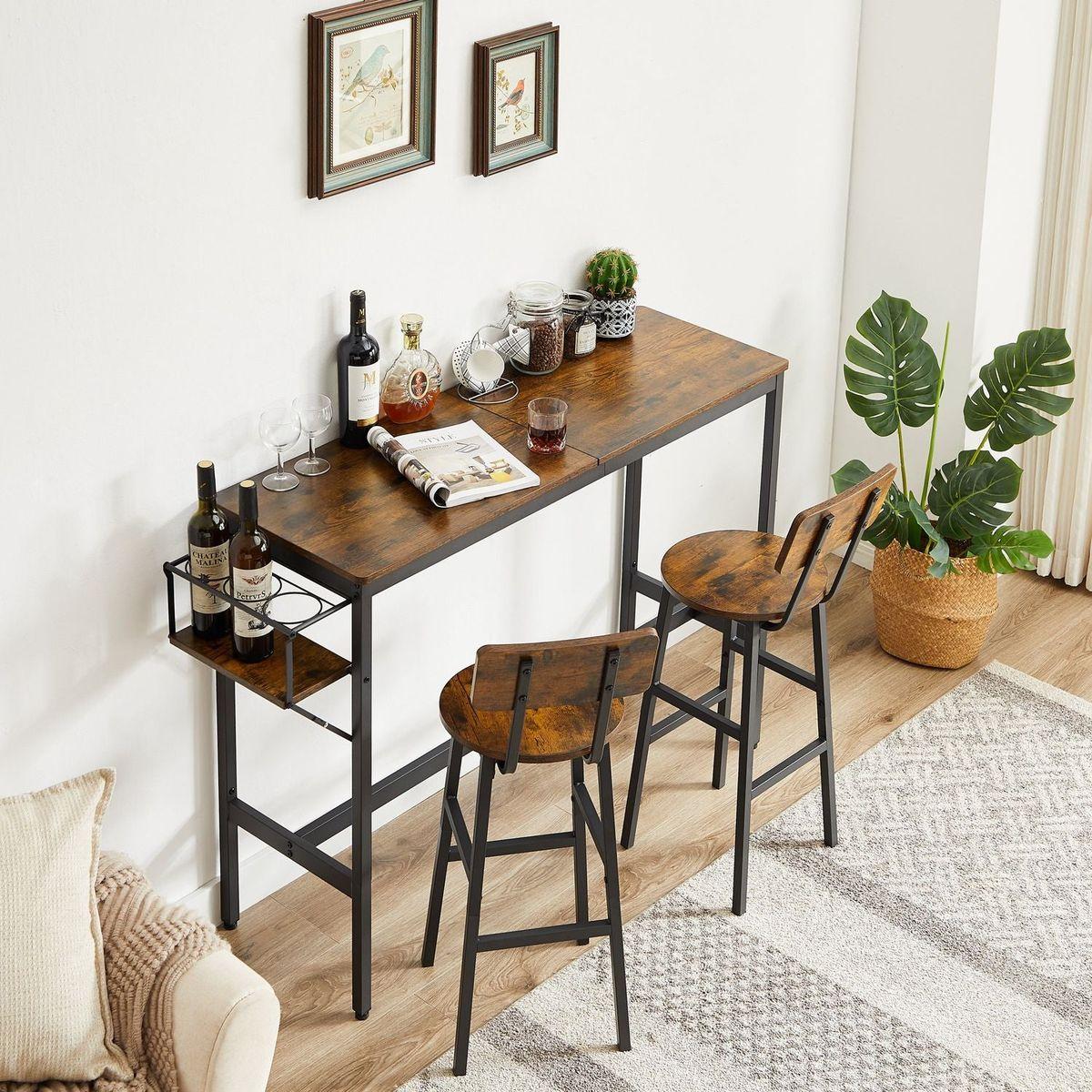 Bar Table Set with wine bottle storage rack. Rustic Brown, 47.24" L x 15.75" W x 35.43" H.