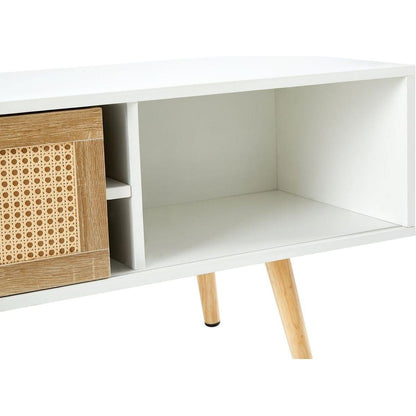 55.12" Rattan TV cabinet, double sliding doors for storage, adjustable shelf, solid wood legs, TV console for living room, White