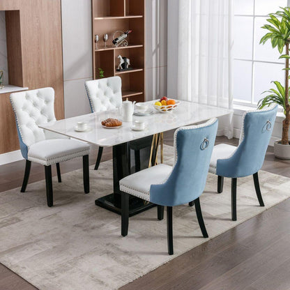 Nikki Collection Modern, High-end Tufted Solid Wood Contemporary PU and Velvet Upholstered Dining Chair with Wood Legs Nailhead Trim 2-Pcs Set, White+Light Blue