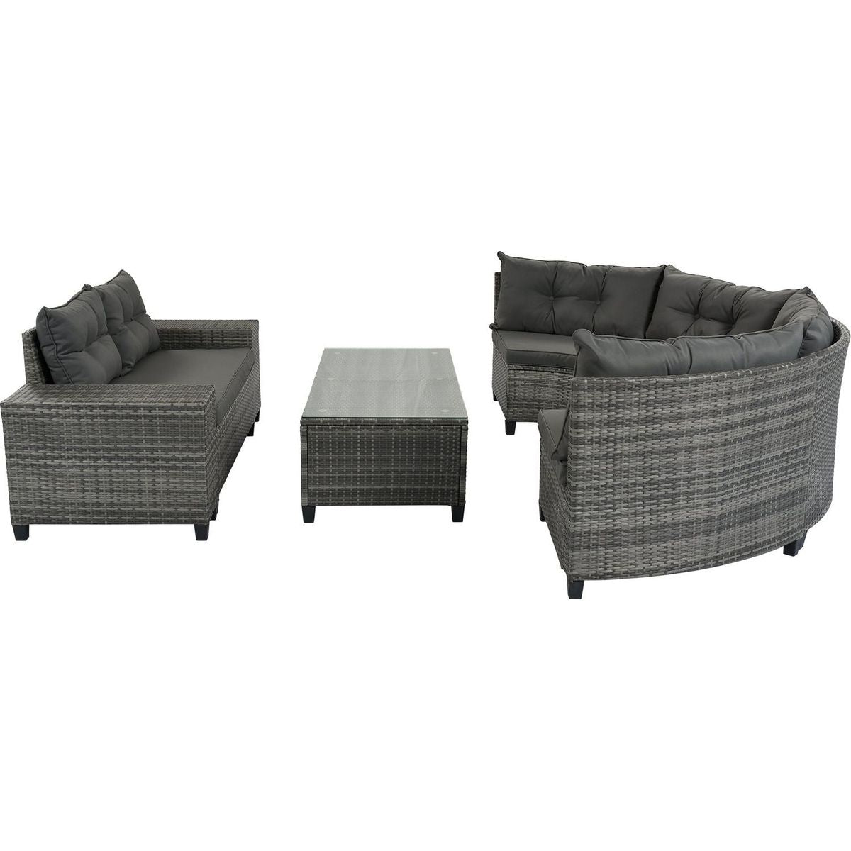 GO 8-pieces Outdoor Wicker Round Sofa Set, Half-Moon Sectional Sets All Weather, Curved Sofa Set With Rectangular Coffee Table, PE Rattan Water-resistant and UV Protected, Movable Cushion, Gray