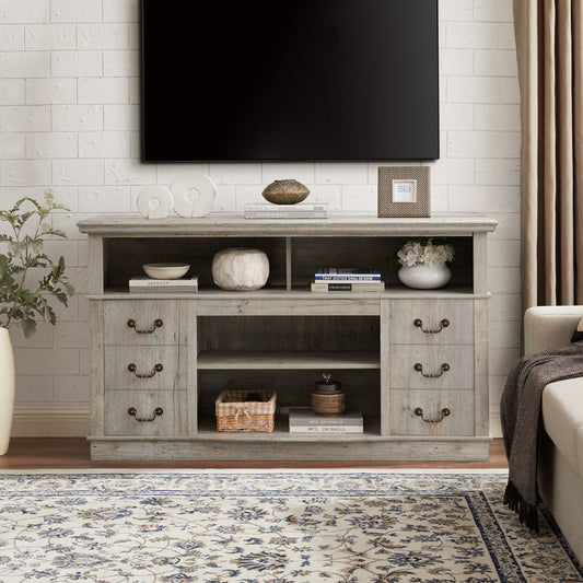 Traditional TV Media Stand Farmhouse Rustic Entertainment Console for TV Up to 65" with Open and Closed Storage Space, Light Gray, 60" Wx15.75"Dx34.25" H - Streamdale Furniture