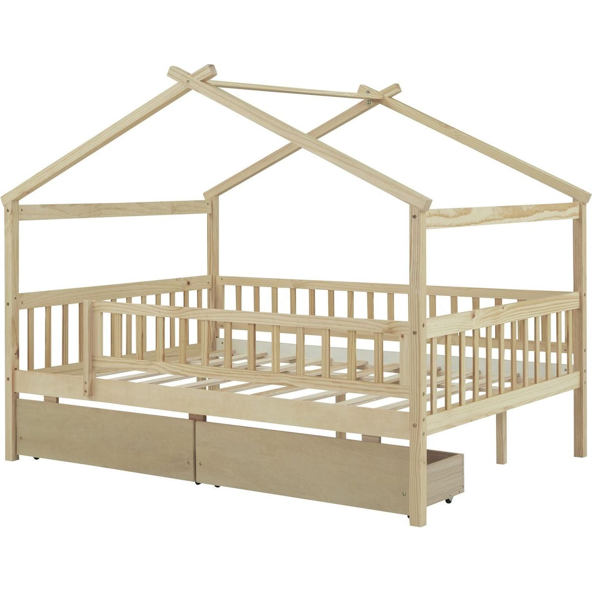 Full Size Wooden House Bed with Two Drawers, Natural