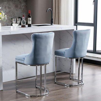 26" Counter Height Bar Stools Set of 2, Modern Velvet Barstools with Button Back&Rivet Trim Upholstered Kitchen Island Chairs with Sturdy Chromed Metal Base Legs Farmhouse Bar Stools, Light Blue, 2 Pack