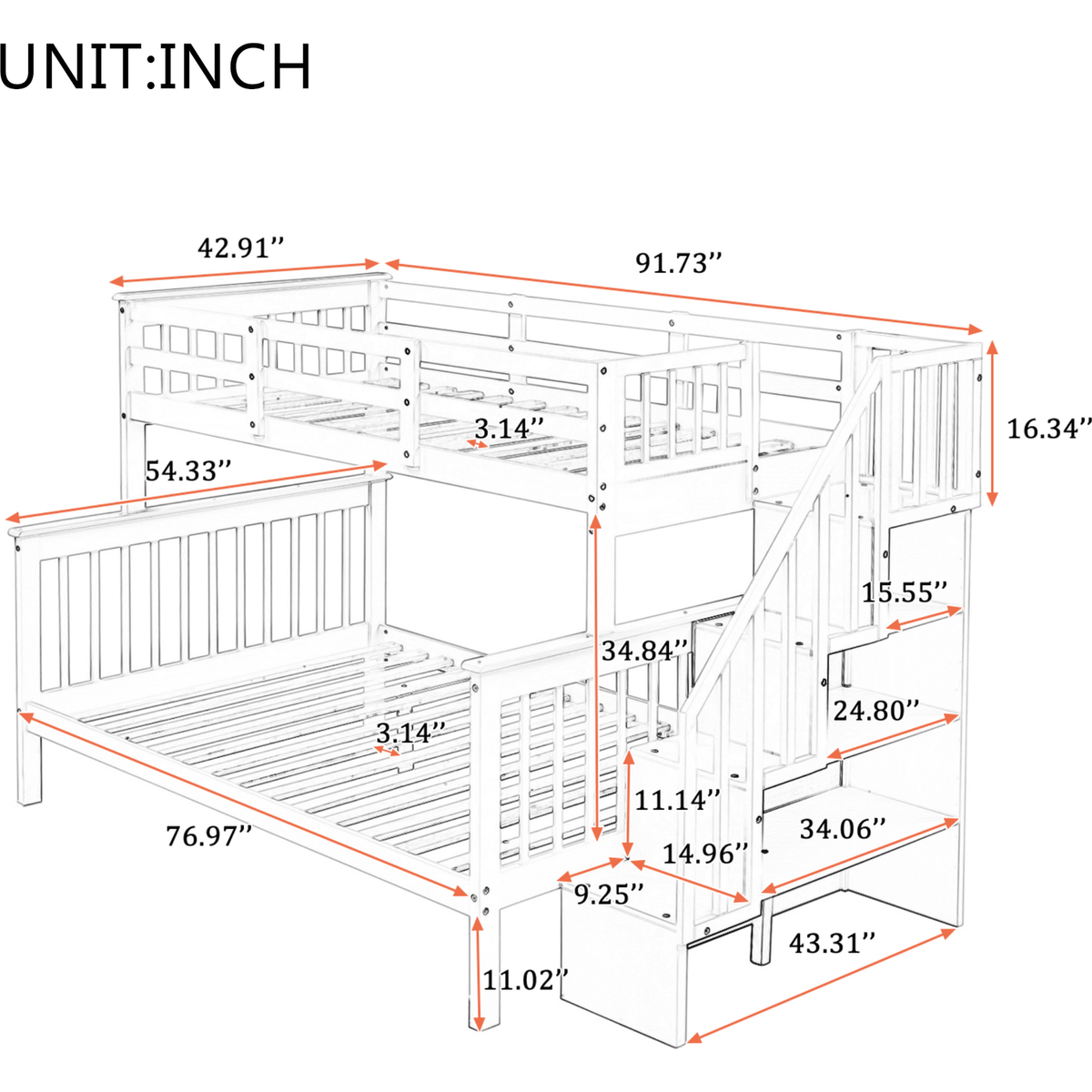 Stairway Twin-Over-Full Bunk Bed with Storage and Guard Rail for Bedroom, White color