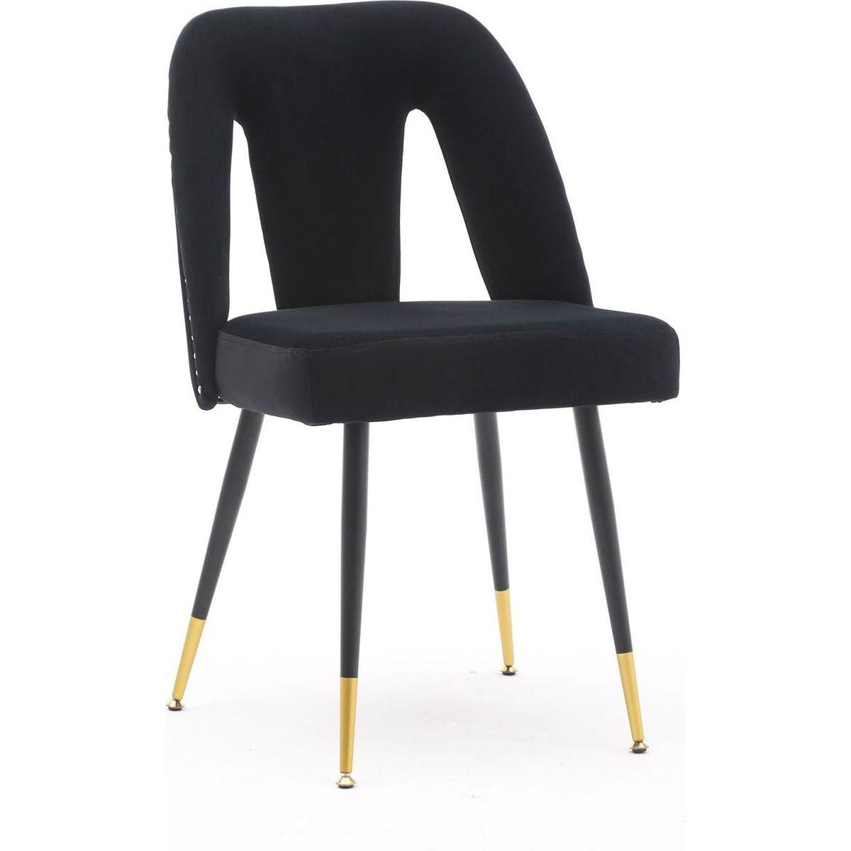 Akoya Collection Modern Contemporary Velvet Upholstered Dining Chair with Nailheads and Gold Tipped Black Metal Legs, Black, Set of 2