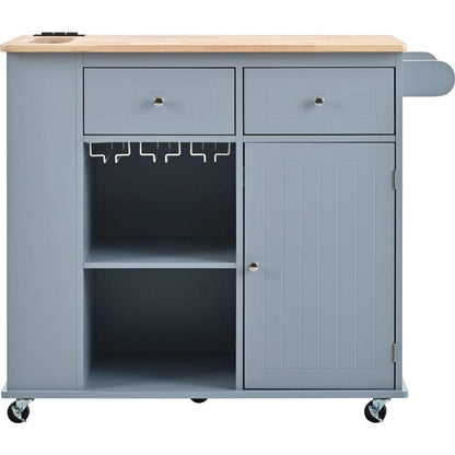 Kitchen Island with Power Outlet,Kitchen Storage Island with Drop Leaf and Rubber Wood,Open Storage and Wine Rack,5 Wheels,with Adjustable Storage for Home, Kitchen, and Dining Room, Grey Blue