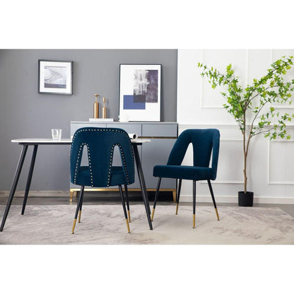 Akoya Collection Modern Contemporary Velvet Upholstered Dining Chair with Nailheads and Gold Tipped Black Metal Legs, Blue, Set of 2