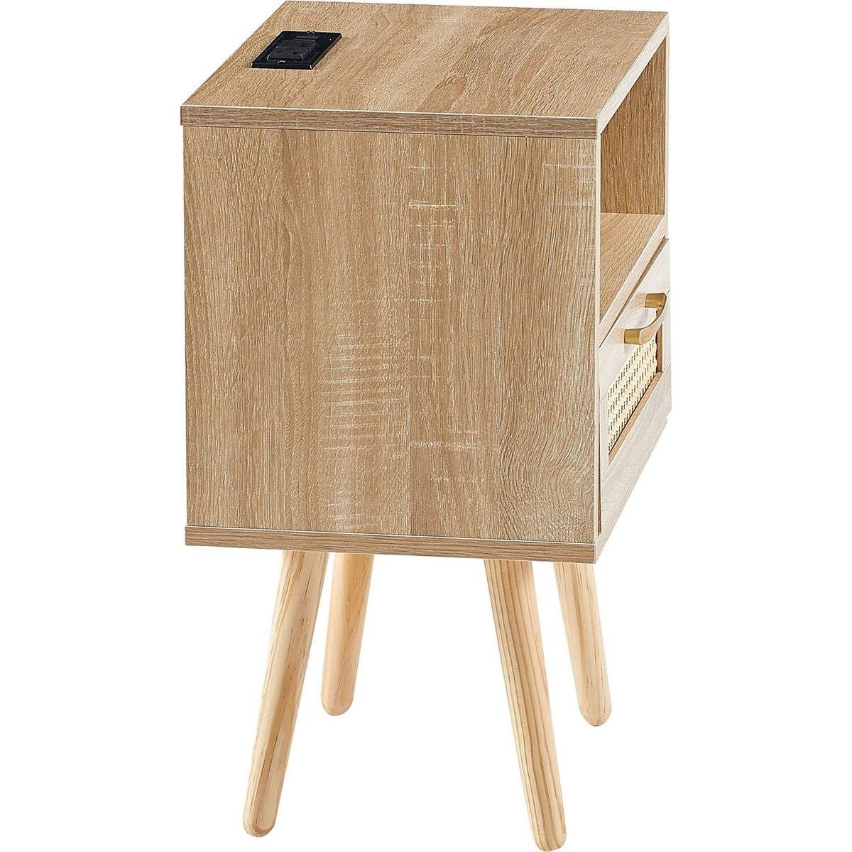 15.75" Rattan End table with Power Outlet & USB Ports, Modern nightstand with drawer and solid wood legs, side table for living roon, bedroom, natural