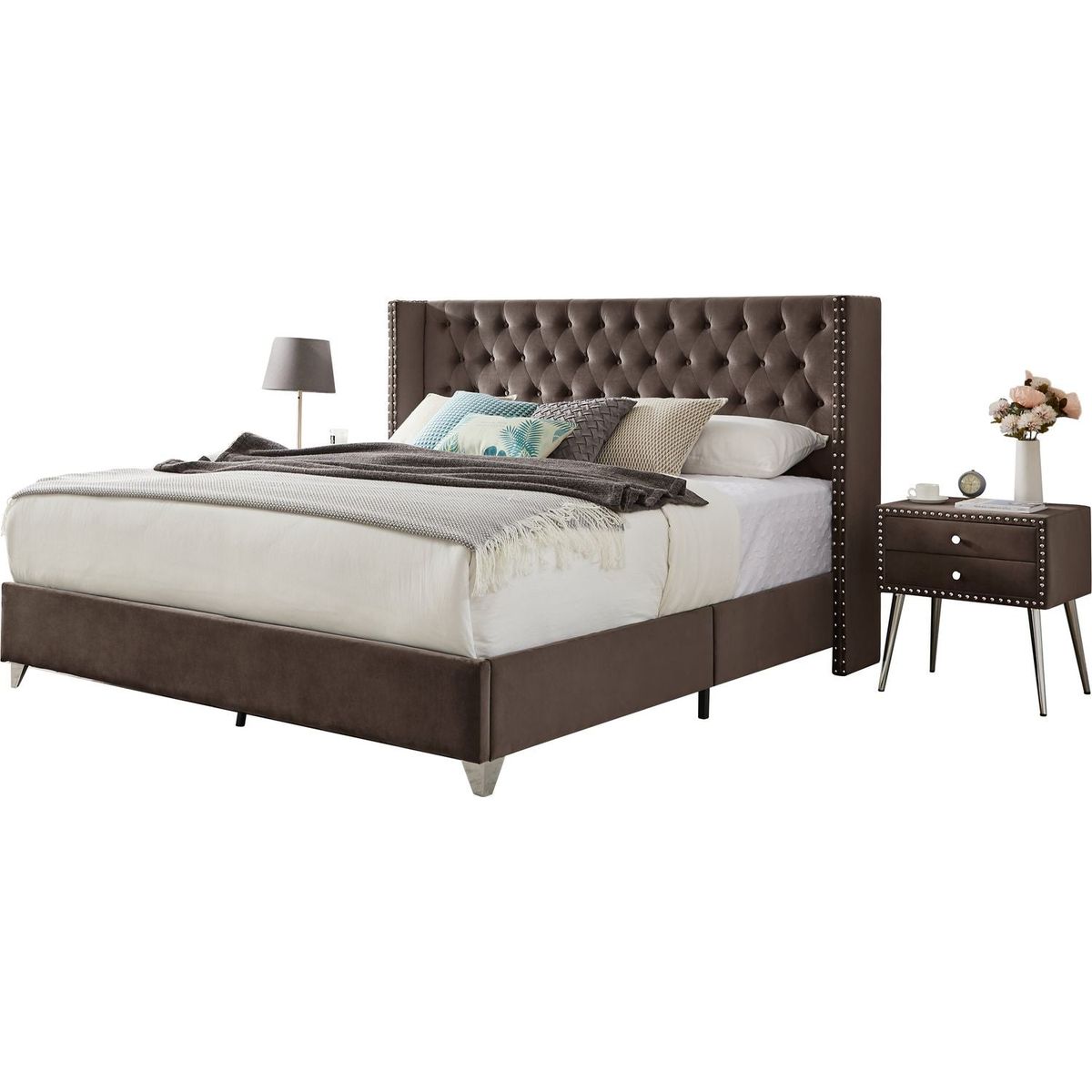 King bed with two nightstands, Button designed Headboard, strong wooden slats + metal legs with Electroplate