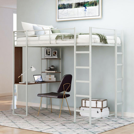Twin Metal Loft Bed with 2 Shelves and one Desk, Silver