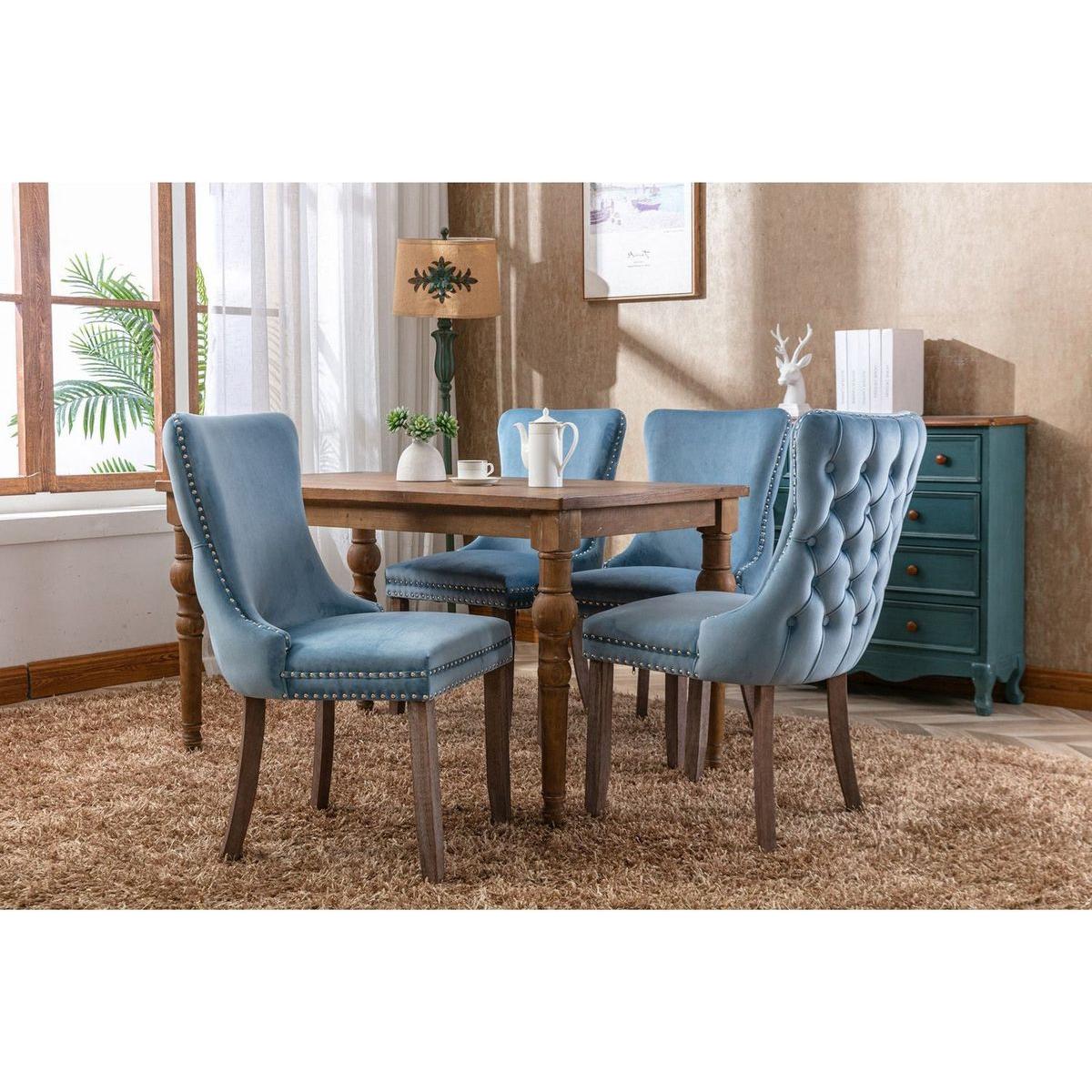 Upholstered Wing-Back Dining Chair with Backstitching Nailhead Trim and Solid Wood Legs, Set of 2, Light Blue, 8809LB, KD