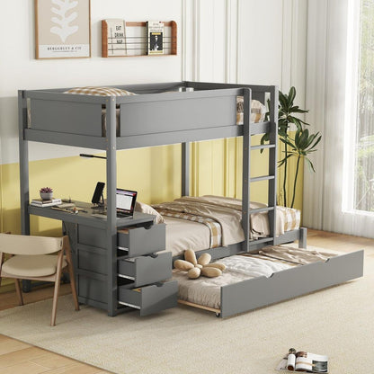 Twin-Over-Twin Bunk Bed with Twin size Trundle, Storage and Desk, Gray